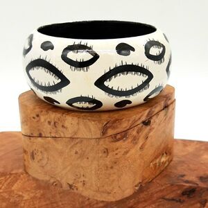 Bangle Bracelet Wide Black and White Wood Geometric
